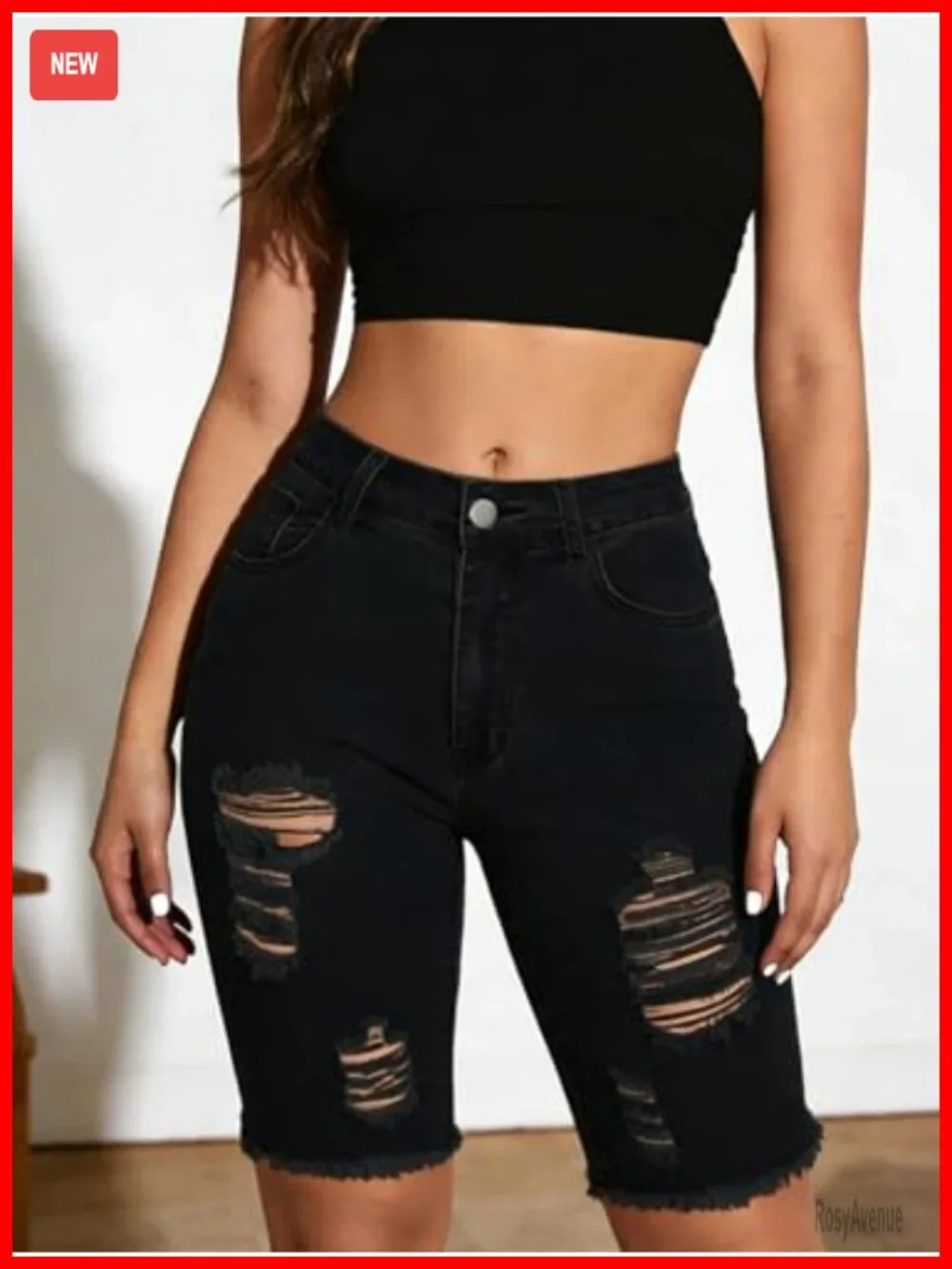 Distressed Knee Length Ripped Stretchy Bermuda Jean Shorts